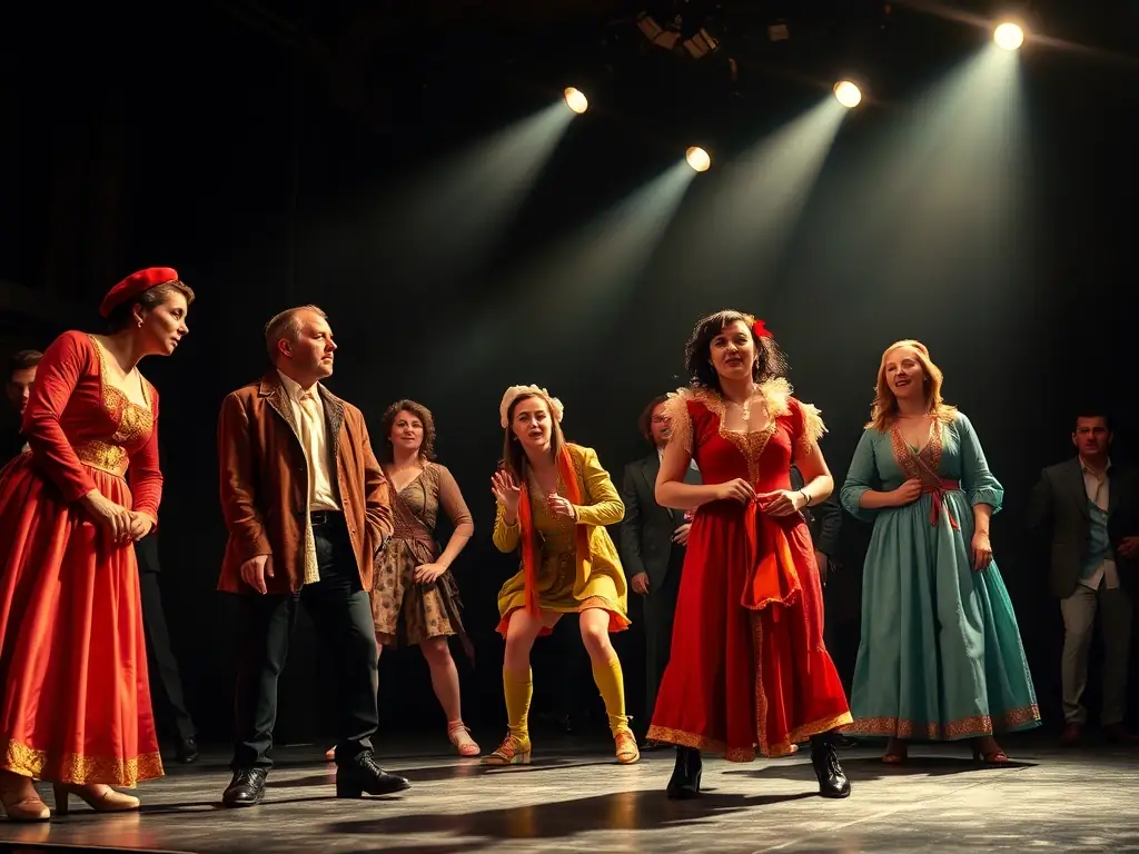 A dynamic image of participants performing on stage during a theater workshop, showcasing the energy and creativity of the performing arts program.