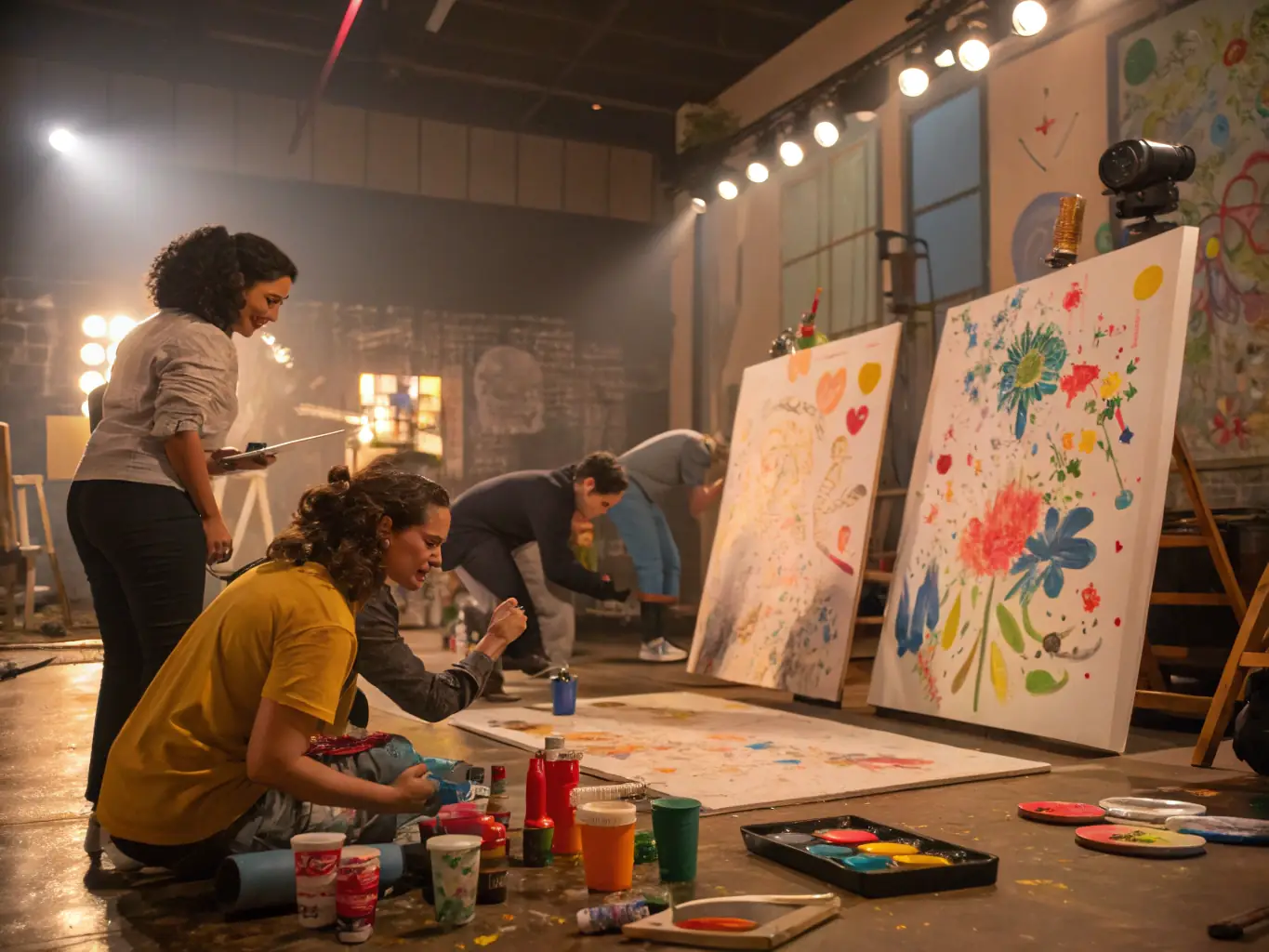 A vibrant image showcasing participants engaged in a painting workshop, with colorful artworks displayed in the background, capturing the essence of creative expression and artistic exploration.