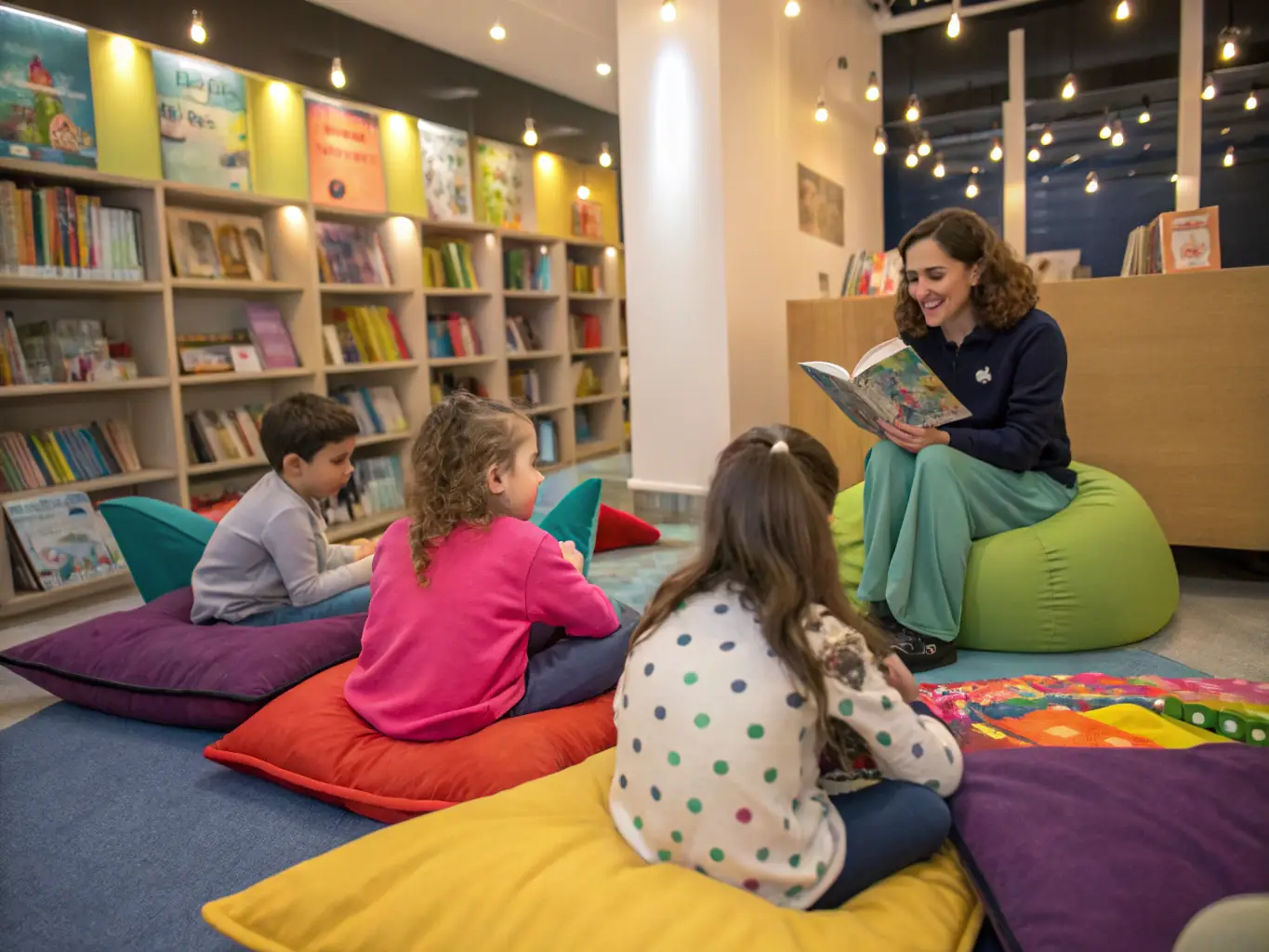 A lively image depicting children participating in an interactive storytelling session, surrounded by books and props, emphasizing the joy of reading and imaginative play.