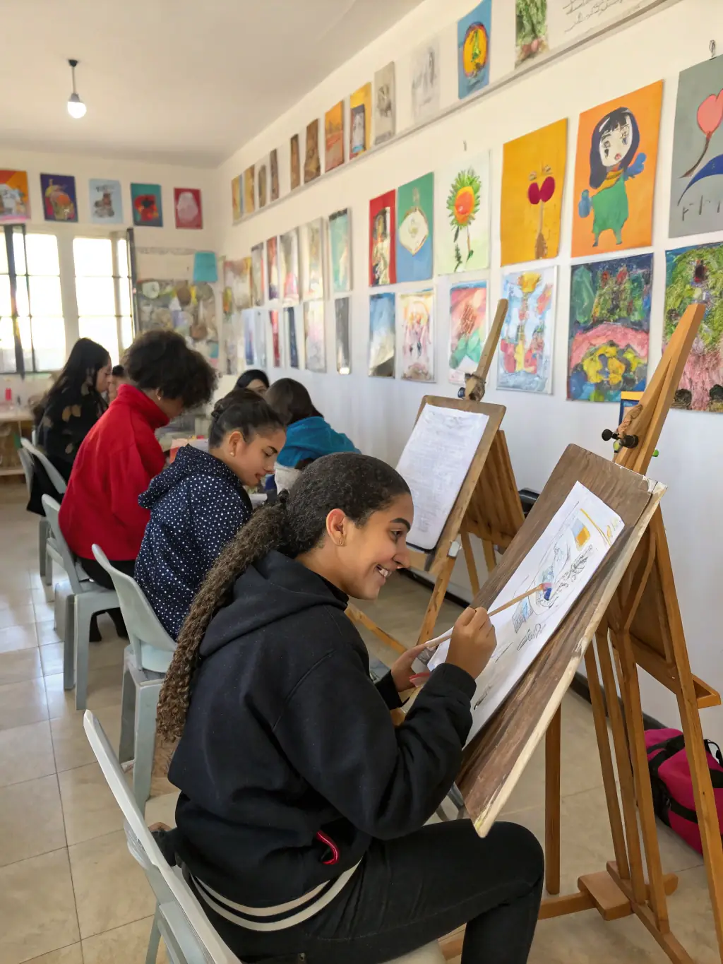 A group of diverse children happily painting together at easels in a brightly lit art studio, showcasing the joy and creativity fostered in CENTRE DE LOISIRS's workshops.