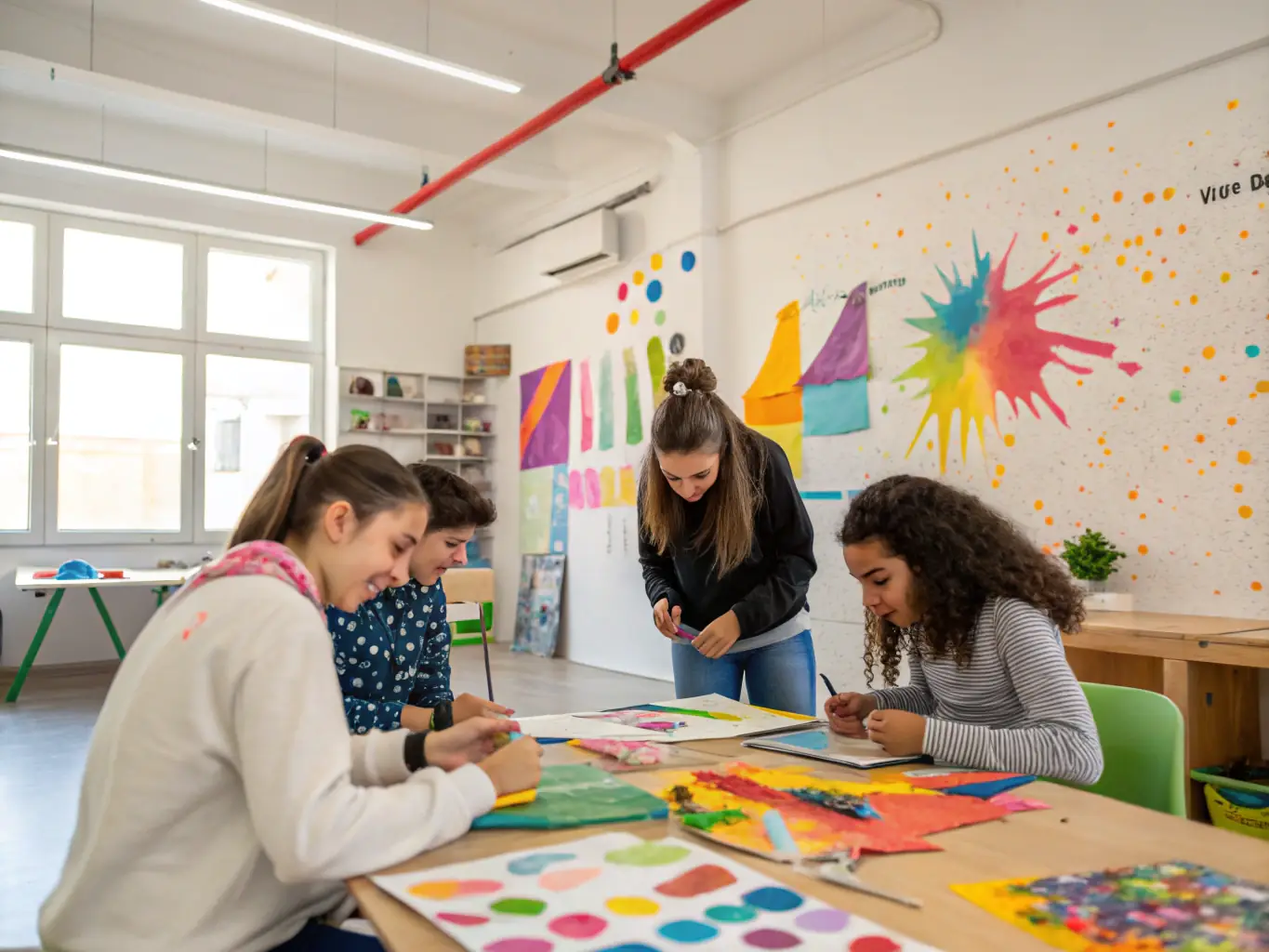 A vibrant image of children and adults engaged in painting and sculpting activities in a bright, welcoming studio, representing the Creative Arts Workshops.