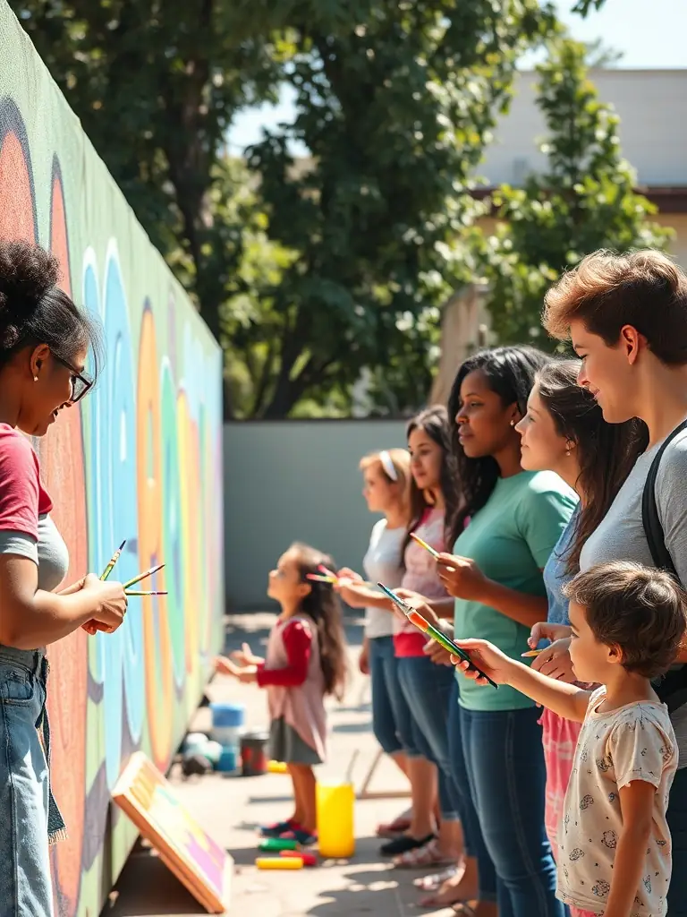 A photograph of participants of different ages and backgrounds collaborating on a community art project, emphasizing the inclusive and participatory nature of CENTRE DE LOISIRS.
